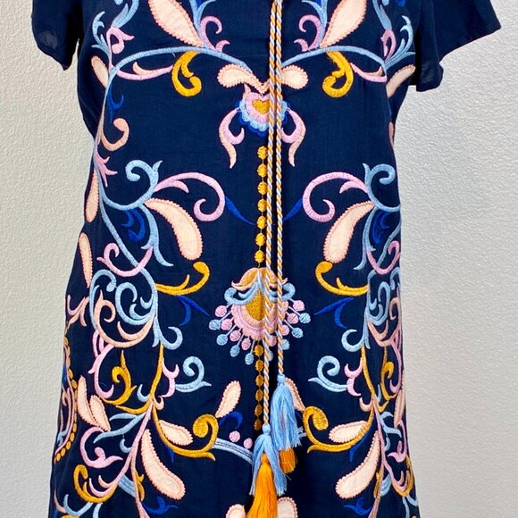 Anthropologie Skies Are Blue Mini Dress XS Embroidered Floral Navy Tassel Boho - Picture 3 of 15